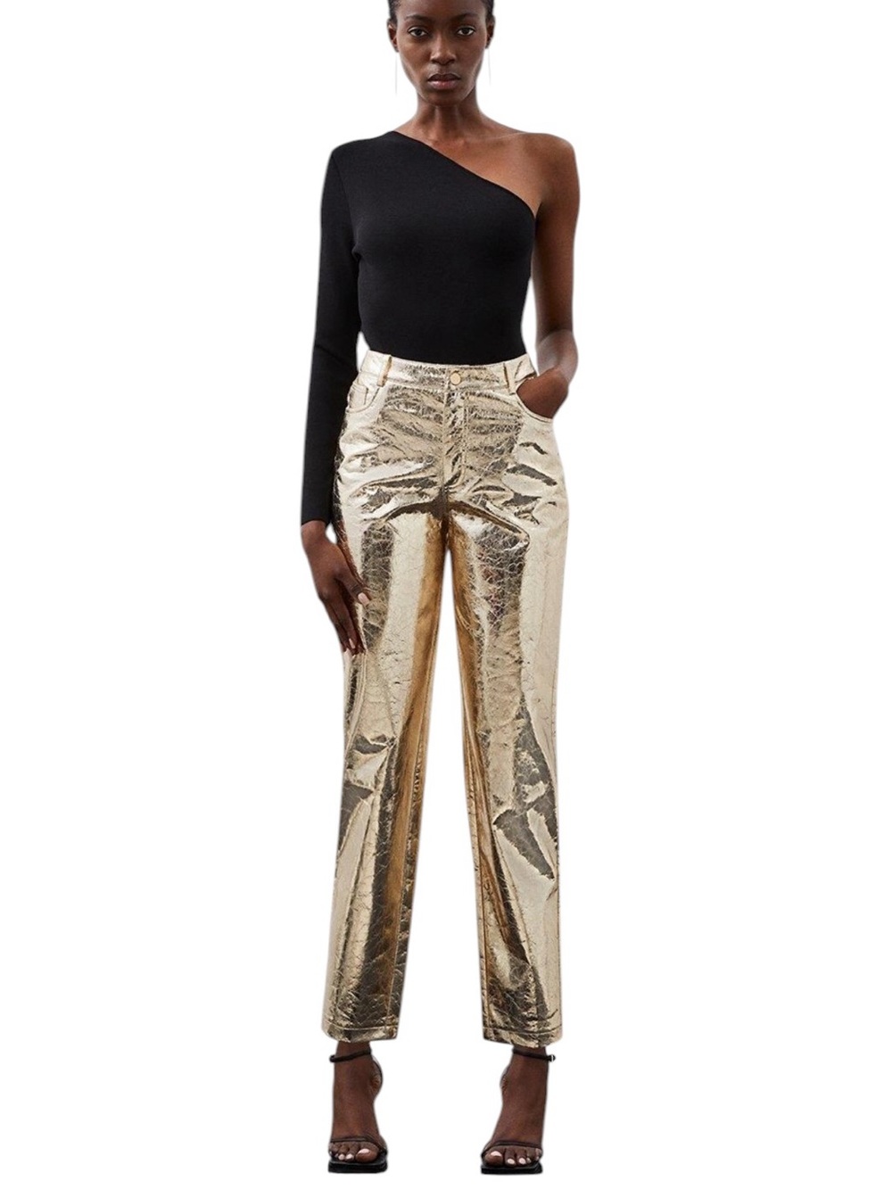 NEW Karen Millen Metallic Faux Leather‎ Straight Trousers Gold Pants Size 10